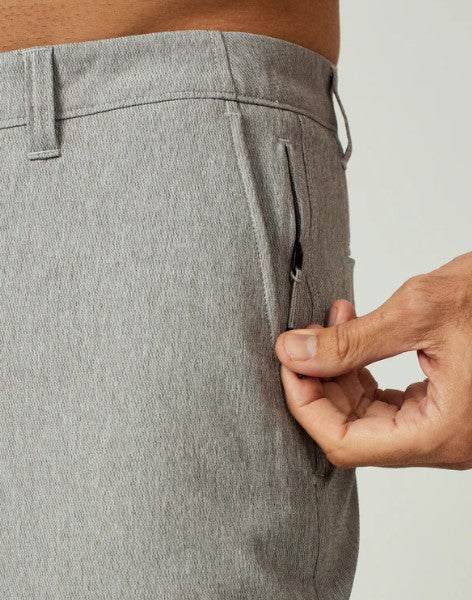 Close-up of 7 Diamonds Everest 8" Short gray hybrid shorts with zipper pocket detail and four-way stretch fabric