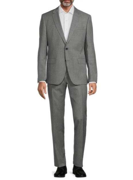Hugo Boss H-Huge Suit in grey wool, with a subtle textured pattern, notched lapels, and a two-button jacket.