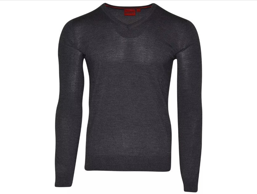 Hugo San Vredo V-Neck Sweater in dark grey 100% virgin wool