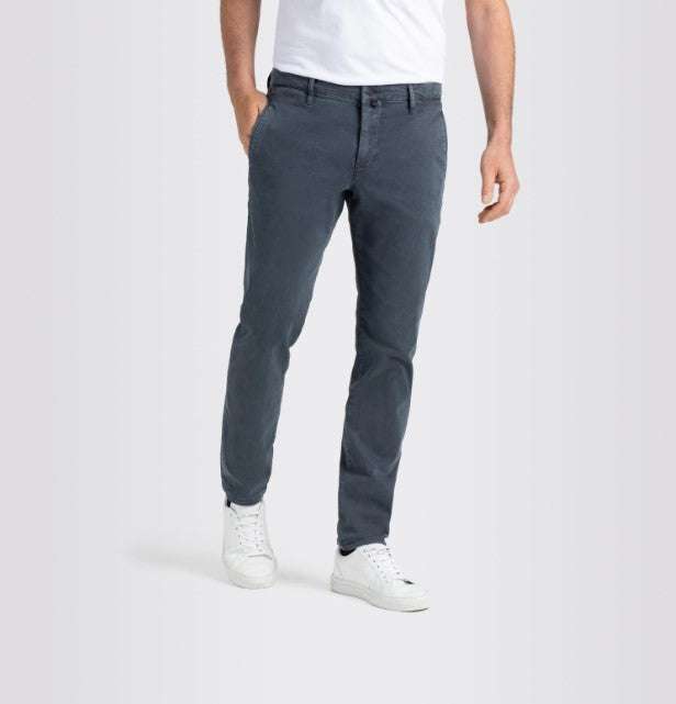 Blue grey Mac Jeans Driver Pant with modern fit, slim leg, chino design, and elastic waistband