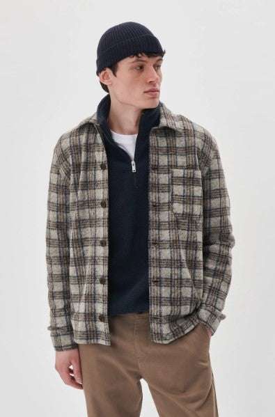 Matinique MApelton Overshirt in grey and brown wool-blend plaid, with a button front and chest pocket.