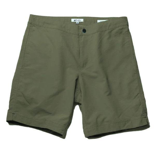Boto Aruba 6.5” solid olive swim trunks with tailored fit and quick-dry nylon
