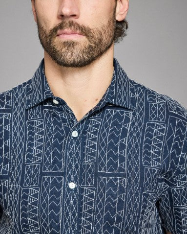Billy Reid Short Sleeve Geo Stitch Embroidered Treme Shirt