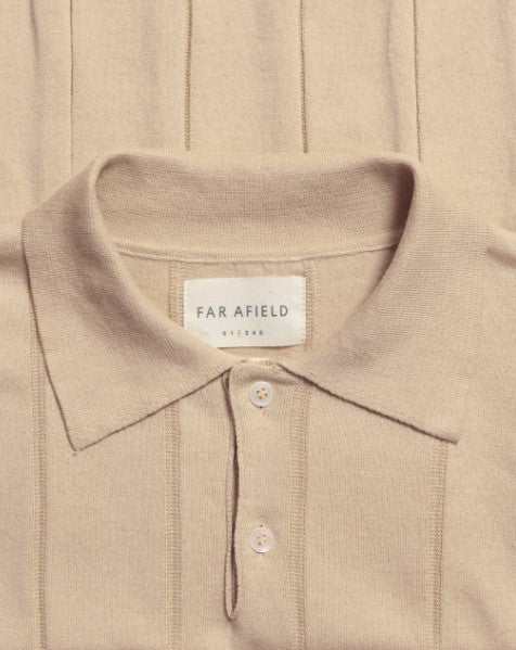 Far Afield Jacobs polo with punched vertical stripes, double-ply collar, two-button placket, elasticated cuffs and hem