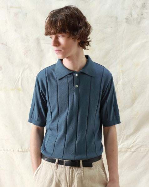 Far Afield Jacobs polo with punched vertical stripes, double-ply collar, button placket, and elasticated cuffs and hem