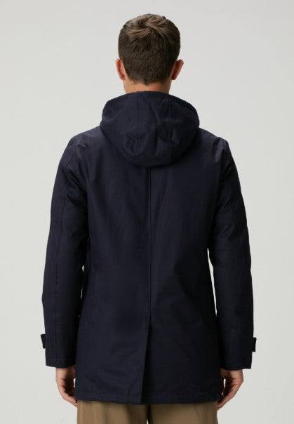 Back view of navy Fradi Gordon Coat with detachable hoodie and zipper closure