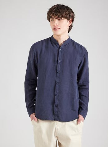Hugo Elvory Slim-fit linen shirt with stand collar - Navy