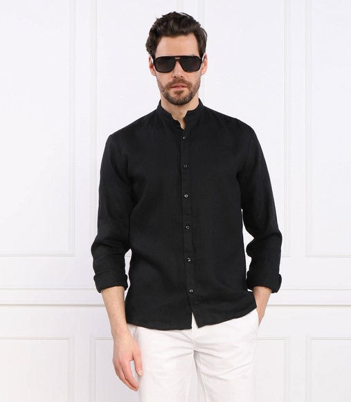 Hugo Elvory Slim-fit linen shirt with stand collar - Black