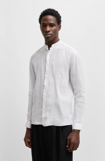 Hugo Elvory Slim-fit linen shirt with stand collar - White