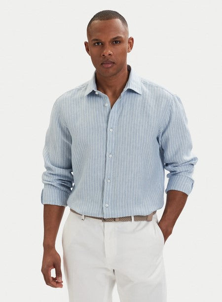 Hugo Valerio Striped Linen Shirt - Light Blue