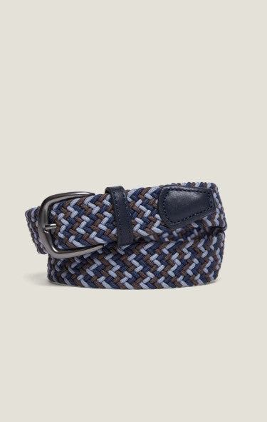 Olimpo woven elastic belt in blue and brown with metal buckle and leather details