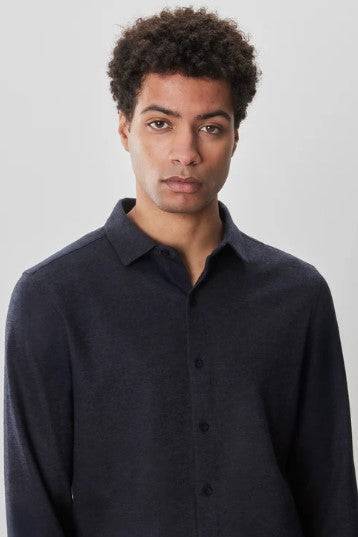 Robert Barakett Alonzo navy long sleeve knit shirt with flexible stretch and subtle deco design