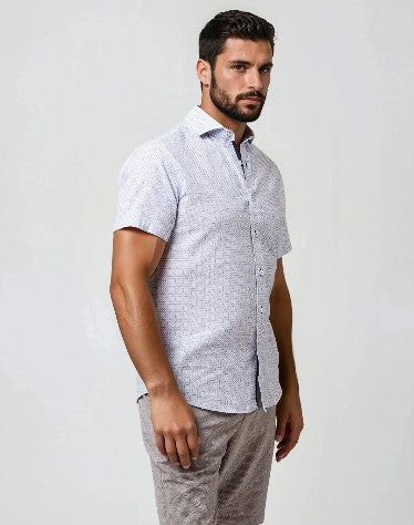 Stone Rose BUONASERA Printed Linen Blend shirt - Blue Geo