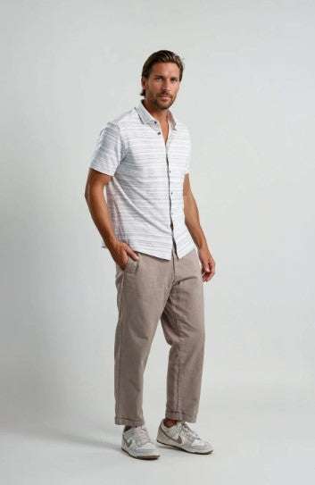 Stone Rose Twilight Terry Horizon Pinstripe short sleeve shirt in cerulean blue with breathable cotton fabric
