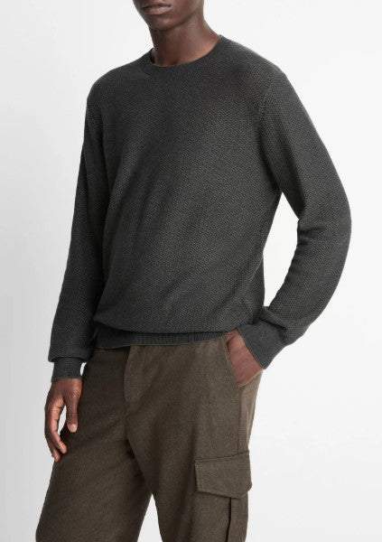 Men's dark grey Vince Geo-Jacquard wool-blend crew neck sweater with geometric pattern and rib-knit trim