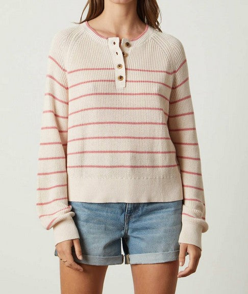 Velvet by Graham & Spencer Kierra Henley Sweater in Ecru / Rose