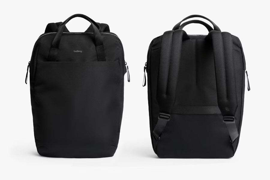 Bellroy Via Workpack black commuter backpack with padded laptop sleeve and multiple compartments shown front and back