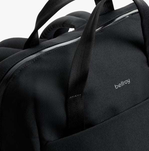 Black Bellroy Via Workpack backpack with padded laptop sleeve and wide zip opening