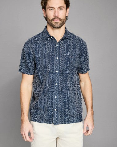 Billy Reid Short Sleeve Geo Stitch Embroidered Treme Shirt