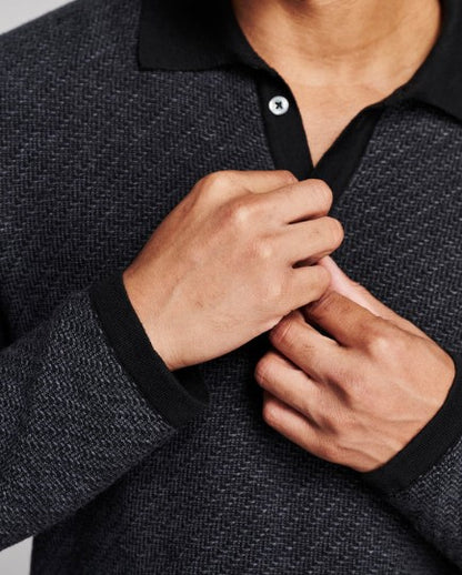 Billy Reid Step Jacquard Sweater Polo - Charcoal Multi