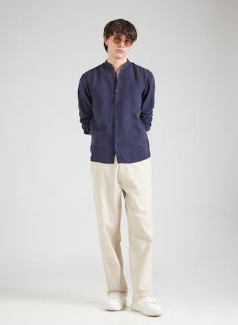 Hugo Elvory Slim-fit linen shirt with stand collar - Navy