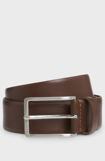 Hugo Boss Italian-Leather Belt with Brushed Silver Hardware - Brown