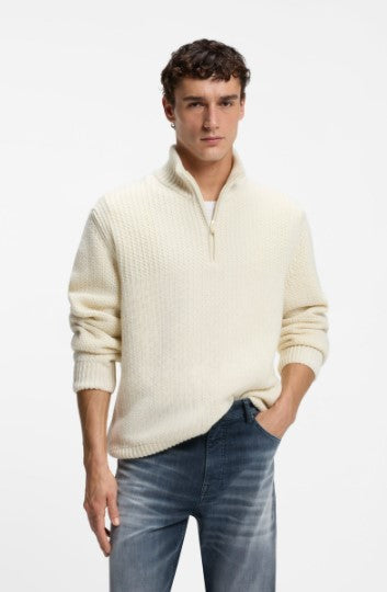 Hugo Boss Kenter Zip-neck sweater with knitted structure - Natural