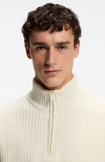 Hugo Boss Kenter Zip-neck sweater with knitted structure - Natural