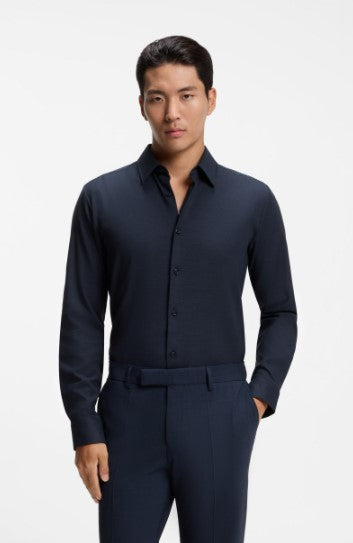 Hugo Boss Roan Slim-fit shirt in stretch melange cotton - Navy