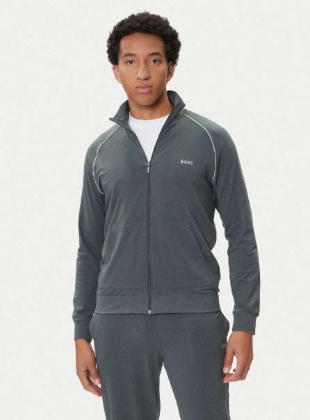 Hugo Boss Mix & Match Jacket green cotton jersey zip neck with kangaroo pocket and embroidered branding