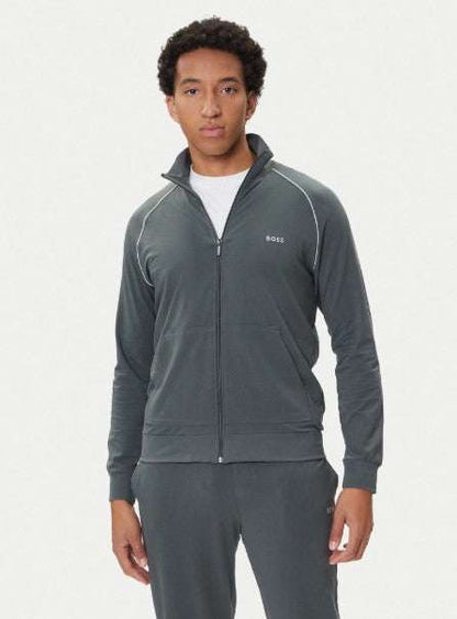 Hugo Boss Mix & Match Jacket green cotton jersey zip neck with kangaroo pocket and embroidered branding