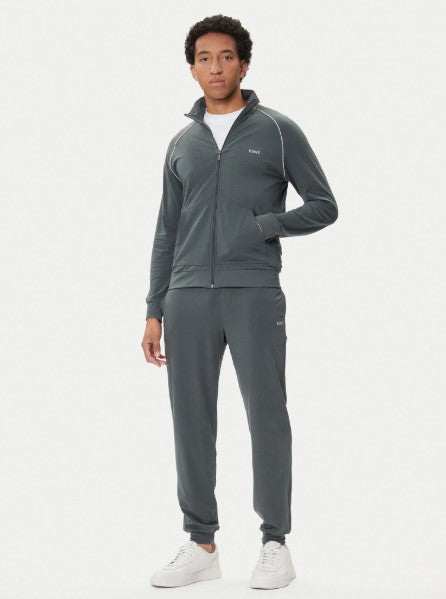 Hugo Boss Mix & Match Jacket in green with embroidered branding and sporty piping, regular fit cotton jersey with zip neck and kangaroo pocket