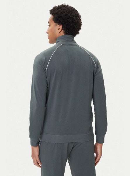 Hugo Boss Mix & Match Jacket in green with embroidered branding and sporty piping, regular fit cotton jersey with zip neck and kangaroo pocket