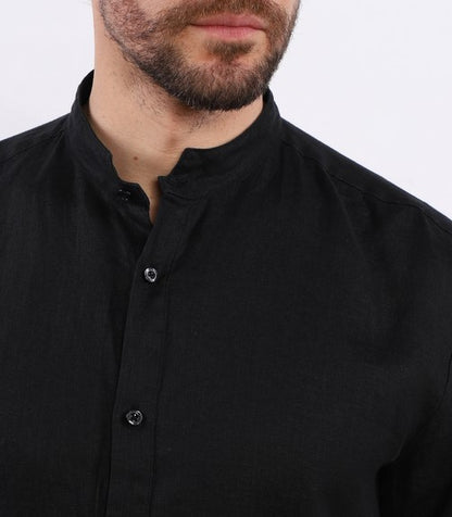 Hugo Elvory Slim-fit linen shirt with stand collar - Black