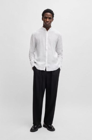 Hugo Elvory Slim-fit linen shirt with stand collar - White