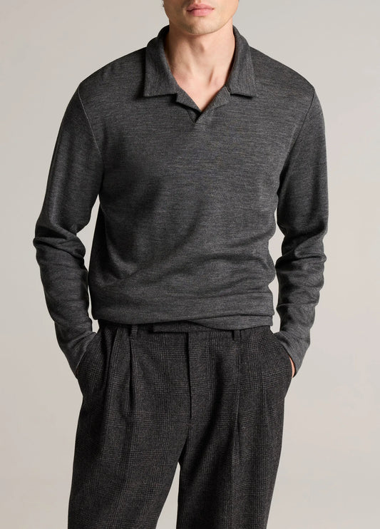 Vince Wool Interlock Johnny-Collar Polo Sweater - Medium Grey