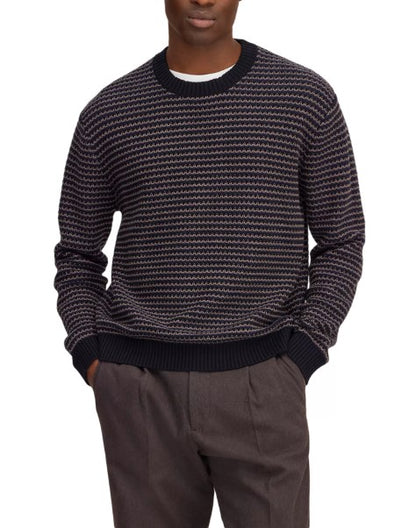 NN07 Russell Textured Stripe Knit Crewneck Sweater - Navy