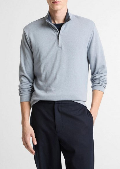 Vince Double-Face Cotton-Blend Quarter-Zip Pullover - Steel Blue/Studio