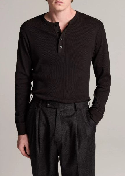 Vince Ribbed Cotton Henley - Black