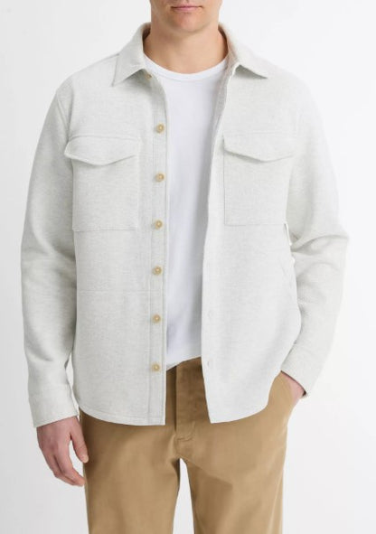 Vince Double-Knit Cotton-Blend Piqué Shirt Jacket - White / Lt Grey Heather