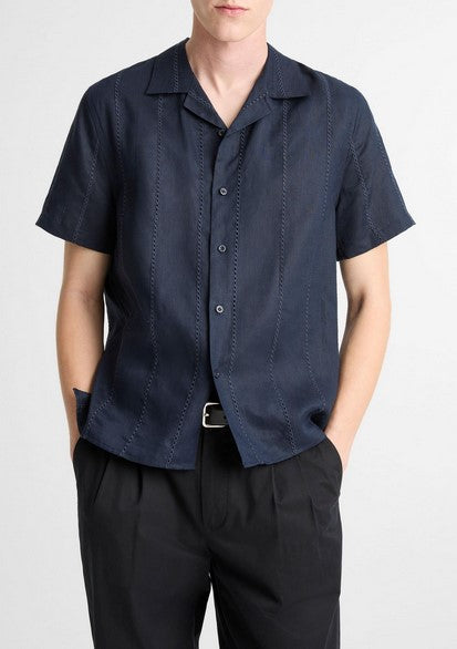 Vince Eyelet Stripe Linen Cabana Shirt - Coastal Blue