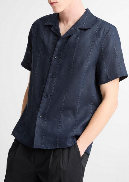 Vince Eyelet Stripe Linen Cabana Shirt - Coastal Blue
