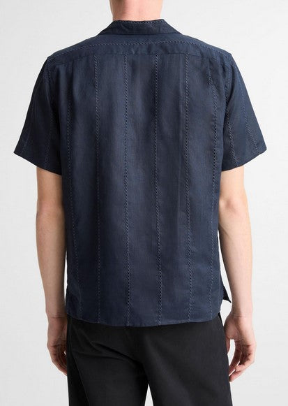 Vince Eyelet Stripe Linen Cabana Shirt - Coastal Blue