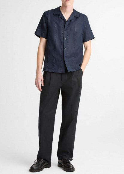 Vince Eyelet Stripe Linen Cabana Shirt - Coastal Blue