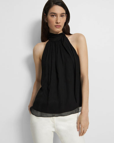 Theory Halter Bow Top in Black Crinkled Silk Chiffon